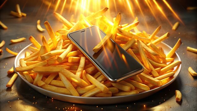 A plate of steaming hot dynamic french fries drenched in golden crispy goodness amidst a sea of glowing smartphones