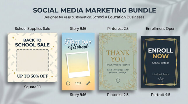 Social media marketing bundle for school and education businesses, back to school sale post templates, enrollment open story and pinterest layouts
