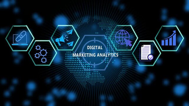Dynamic digital marketing analytics infographic featuring animated hexagonal global data connectivity, business growth charts, and strategic seo optimization for corporate presentations