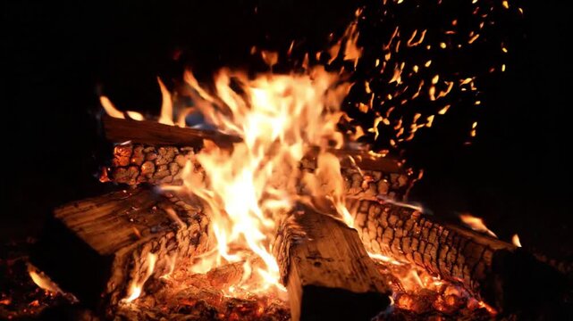Warm and bright fireplace flames dancing on burning wood at night