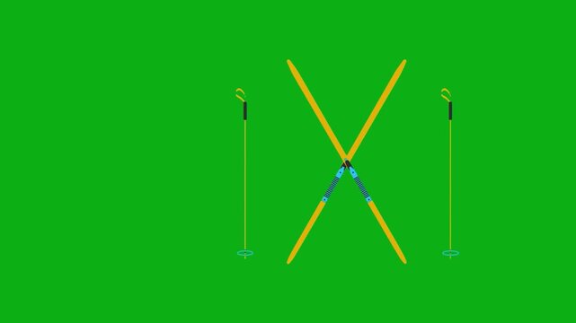 Ski poles sport equipment green screen chromakey background 2d animated cartoon animation winter snow mountain skiing activity gear concept icon loops smoothly on chroma key