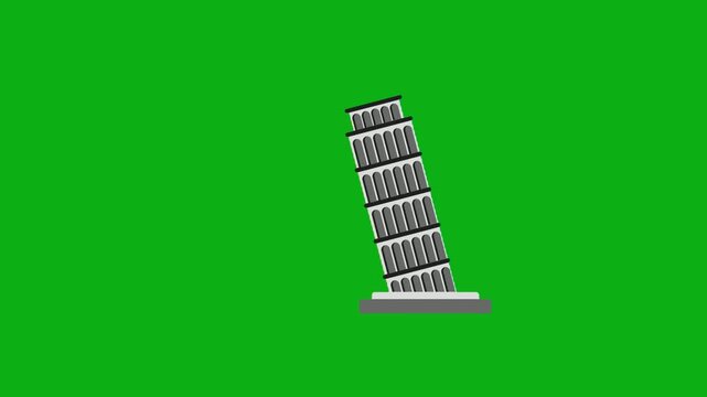 Leaning tower landmark green screen chromakey background 2d animated cartoon animation italy pisa monument travel architecture concept icon loops smoothly on chroma key