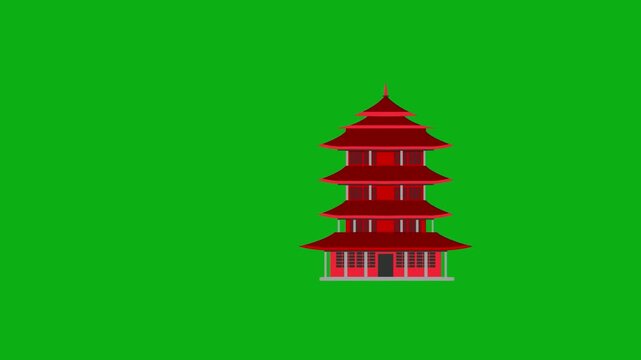 Pagoda temple building green screen chromakey background 2d animated cartoon animation asia architecture landmark religion culture concept icon loops smoothly on chroma key