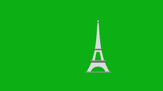 Eiffel tower landmark green screen chromakey background 2d animated cartoon animation paris france monument travel attraction concept icon loops smoothly on chroma key