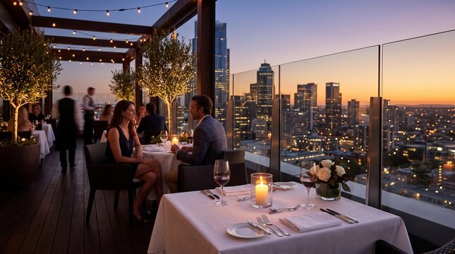 Couple dining at rooftop restaurant with city skyline sunset background with captures couple enjoying dinner rooftop table city sunset view romance evening people luxury urban with date