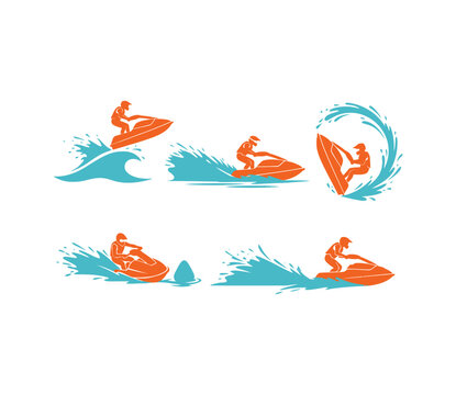 Jet Ski Action Silhouette Set and Water Sports Vector