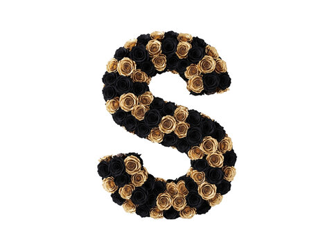 Elegant letter s formed from a dense collection of vibrant metallic golden and deep velvet black roses arranged in a artistic typography style for luxury branding and decorative design purposes presen