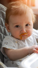 Fototapeta premium Adorable baby looking at the camera with a messy face and shirt, enjoying mealtime in a high chair as a fun and explorative part of early childhood development and feeding