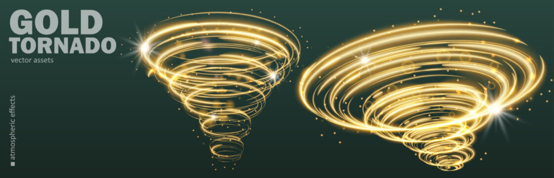Collection of golden tornado and swirling spiral effects made of sparkling stardust. Magical vortex, glowing hurricane, light swirl and fantasy energy elements for creative vector design.