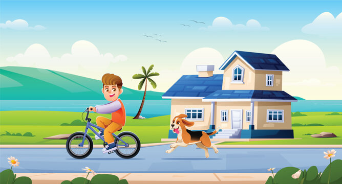 Young boy riding his bike along the road near house with playful dog running along. Vector cartoon illustration