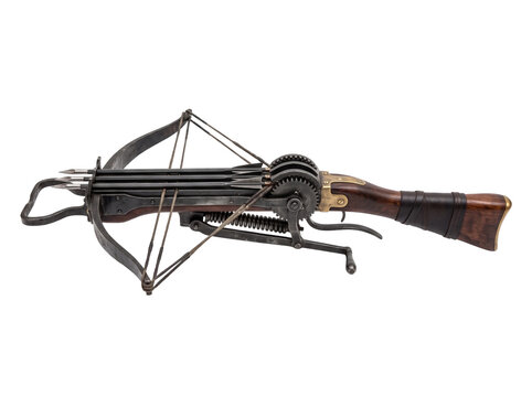 Intricate fantasy triple crossbow weapon featuring realistic wooden stock with brass accents and sharp steel bolts designed for historical epic gaming combat scenes displayed as a high resolution isol