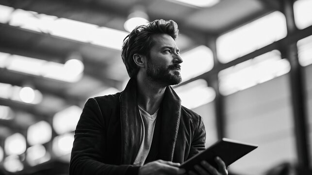 Mature handsome bearded man holding digital tablet looking away in modern blurred office space captured in classic black and white monochrome style