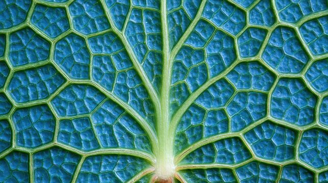 Extreme macro view of dyed blue leaf showing detailed hexagonal network of leaf veins and central midrib creating beautiful natural geometric pattern