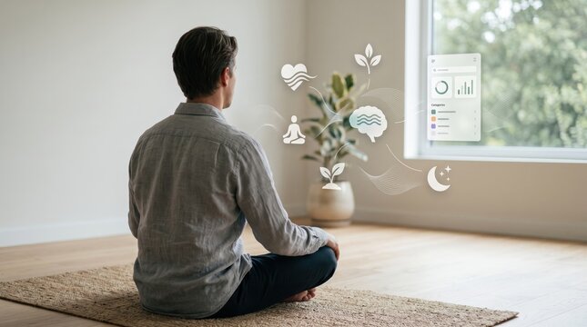 Mindfulness meditation, man sitting in lotus pose at home looking out window, mental health awareness, stress relief, inner peace, wellness tracking app interface, brain and heart