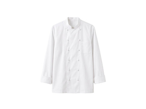 Clean professional white chef coat hanging on a simple wooden hanger displaying premium fabric texture and classic button details for culinary staff uniform design isolated in high quality studio phot