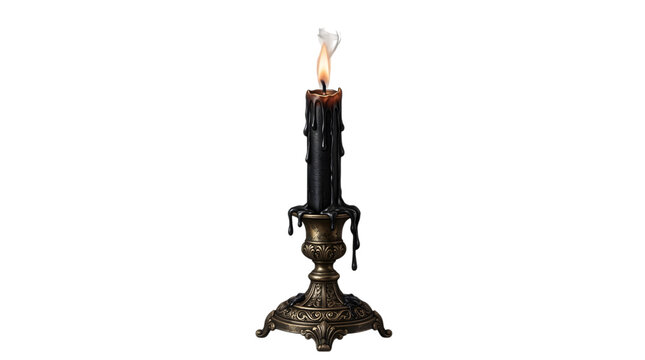 A burning black wax candle in an ornate vintage brass candlestick holder isolated on transparent background