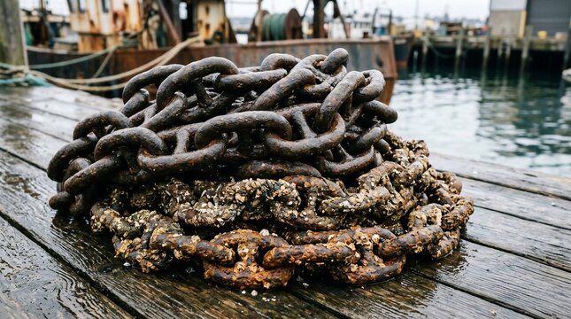 Heavy duty rusty metal ship anchor chain on a wooden dock.