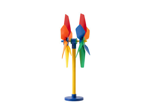 Brightly colored plastic toy windmill with multiple spinning blades mounted on a yellow wooden stand featuring a sturdy blue base for playing in the garden or beach during summer breeze fun isolated o