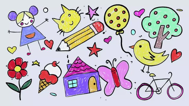 Colorful children's drawing style doodle animation - crayon drawing style