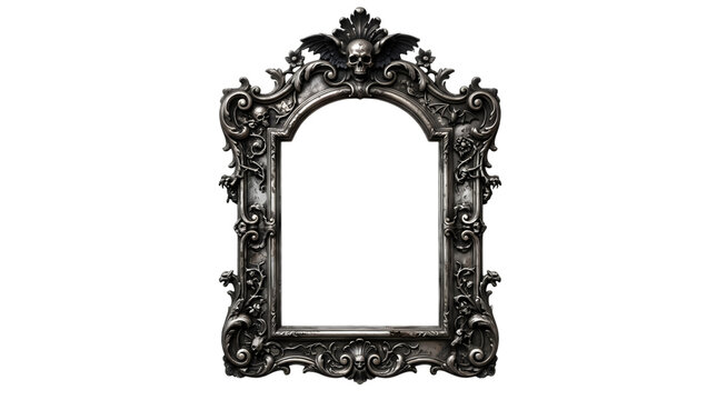 An ornate gothic style mirror frame decorated with skulls and dark filigree details isolated on transparent background