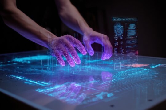 Hands interact with a holographic display showing data and graphics in a modern workspace during an evening setting