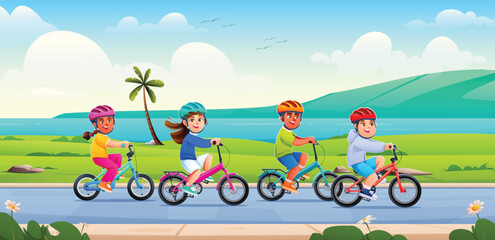 Fototapeta premium Group of happy children riding bikes together on a coastal road near the sea. Vector cartoon illustration