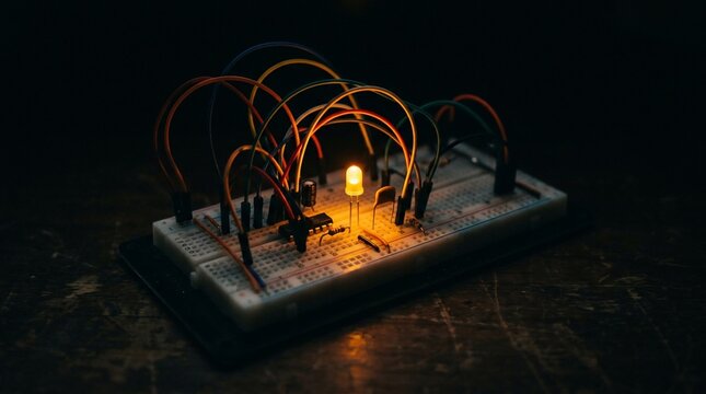 Illuminated yellow LED light on an electronic breadboard with jumper wires.
