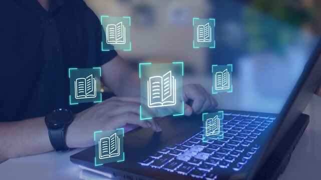 E-library, many e-book icons, electronic books online, knowledge base on internet, digital library or e-library
