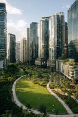 Naklejka premium Newly completed urban park offers green space among modern highrise buildings in vibrant city center during sunny afternoon