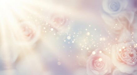 Fototapeta premium Dreamy ethereal rose background with sunbeams, soft pastel floral bokeh texture, romantic wedding flowers with glowing light leaks