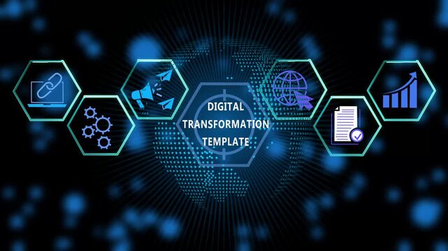 Digital transformation template concept featuring futuristic hexagonal ui with global connectivity and data analytics growth charts for modern corporate business strategy presentations