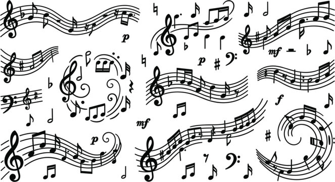  Classic black music note sheet stave wave vector collection with elegant treble clef melody stave wave lines graphic element set