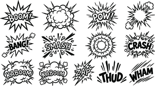  Comic book explosion sound effects vector line icons set featuring pop art speech bubble blast cloud dynamic words