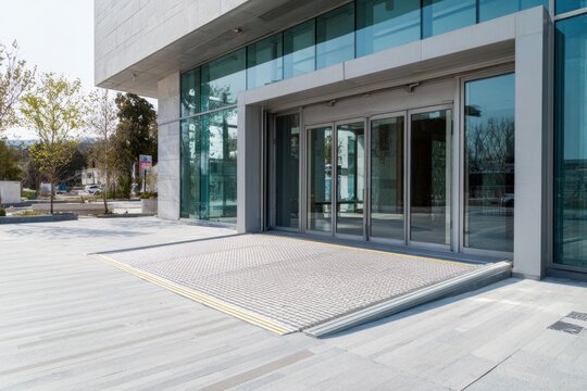 Modern office entrance with ramp and automatic doors in a busy urban area during daylight hours for easy access