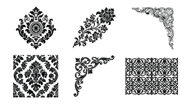 Floral ornament collection black vector illustrations on white background
