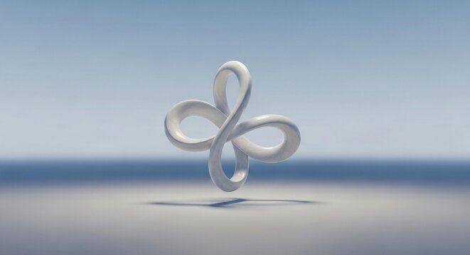 Minimalist white infinity sculpture, abstract 3D loop symbol on blue background, elegant geometric knot for corporate branding