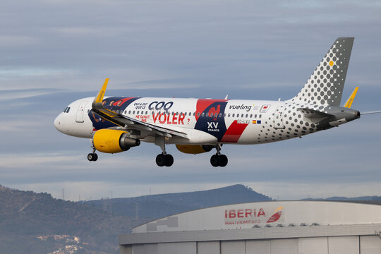 Barcelona, Spain, - January 16, 2026: Vueling company plane bort number EC-LVU landing at Josep Tarradellas Barcelona-El Prat Airport. Charter scheduled flights.