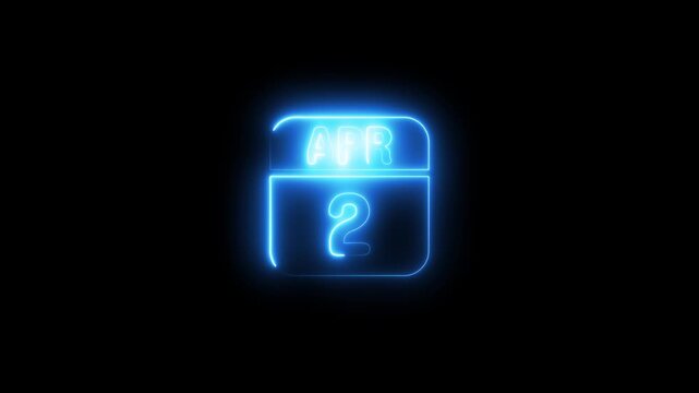 Neon glowing calendar date april 2nd digital sign 4k animation video on black background 