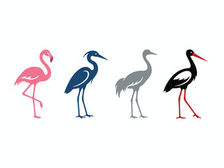 Fototapeta premium Set of four colorful flamingo illustrations in pink blue gray and black with red beaks and long legs