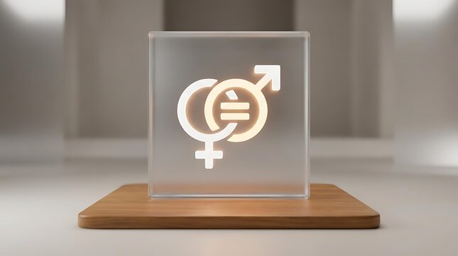 Gender equality symbol etched in glass on wooden base.