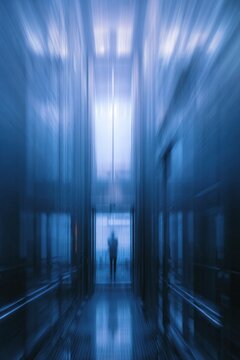 Motion blur captures elevator shaft with a distant figure standing near the entrance on a cloudy day in an urban building