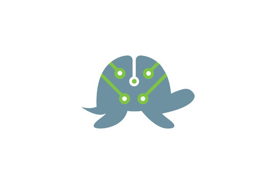 Minimalist Blue Tech Turtle Logo with Green Circuit Nodes Icon