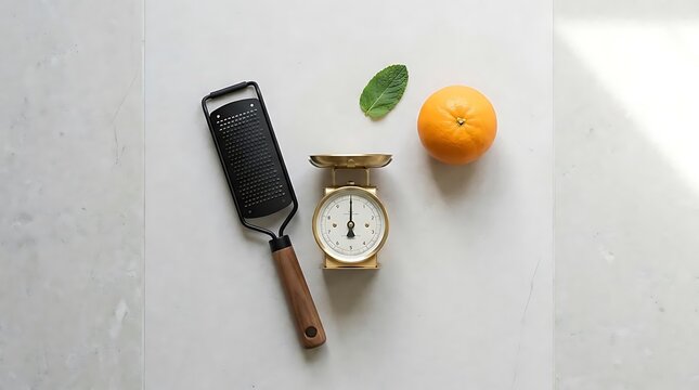 Kitchen tools with zester and vintage scale.