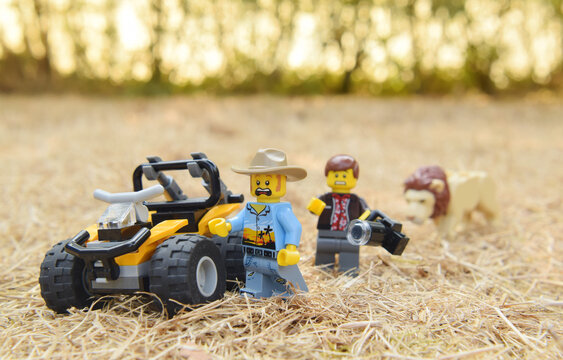 Lego minifigures of tourists are running away from the lion in the natural dried grass field. Editorial illustrative image of popular plastic toy.