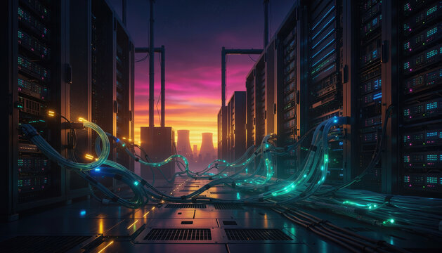 A vibrant sunset illuminates the sprawling rows of advanced hardware components as glowing energy pulses through the fiber optic pathways that connect powerful network infrastructure within this