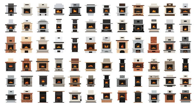 Large assortment of fireplace and wood burning stove designs in different styles and materials for traditional or modern home heating.