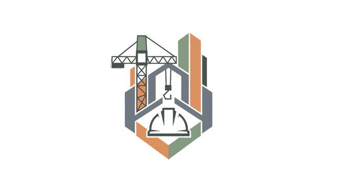 Modern construction logo featuring a crane, abstract buildings, and a hard hat, symbolizing engineering and development.