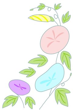 This is an illustration of cool-looking pink, blue, purple, and yellow morning glories blooming in a backyard in summer.