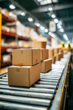 Identical cardboard shipping boxes organized on a conveyor belt in a large warehouse during the busy daytime hours of shipping and handling operations