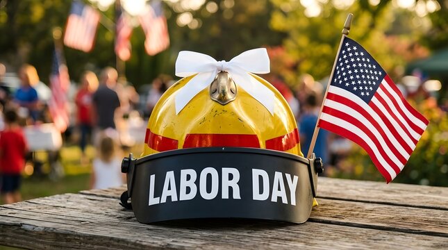 Labor Day firefighter helmet with US flag. Patriotic emergency responder gear for holiday.